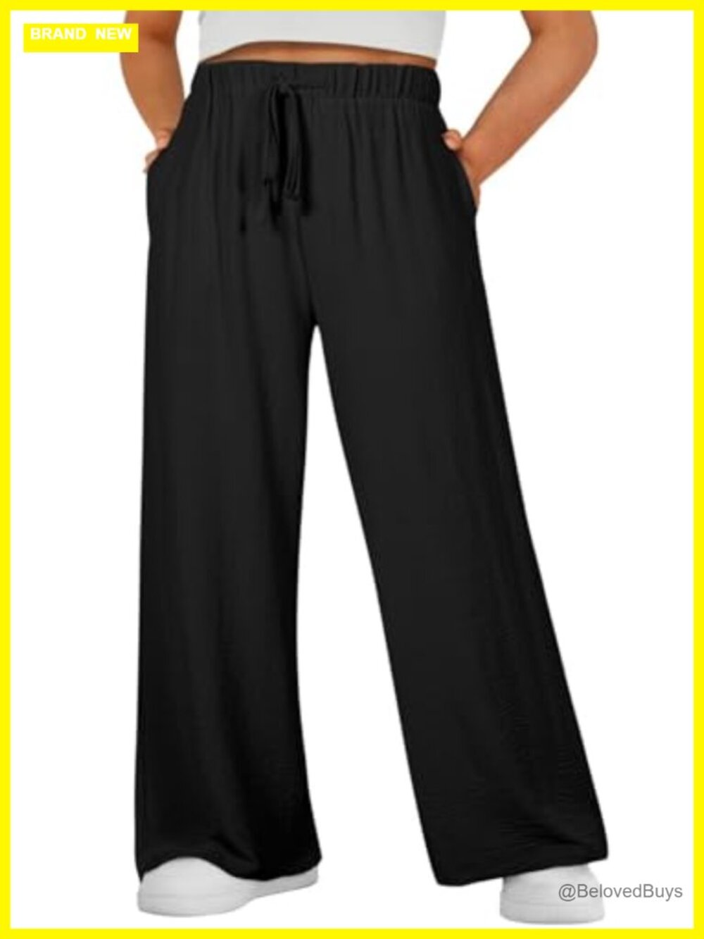 Plus Size Elastic High Waist Wide Leg Drawstring Trousers with Pockets